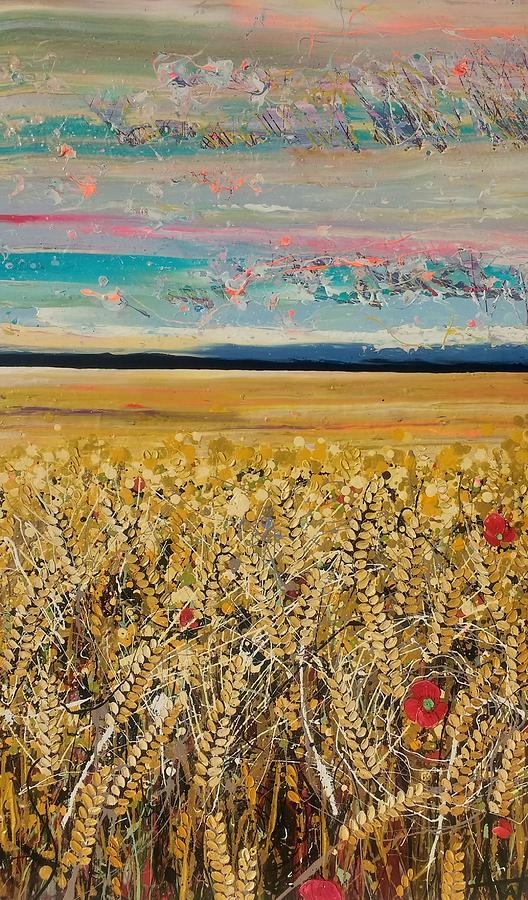 Golden Wheat Fields Panel 3 Painting by Angie Wright