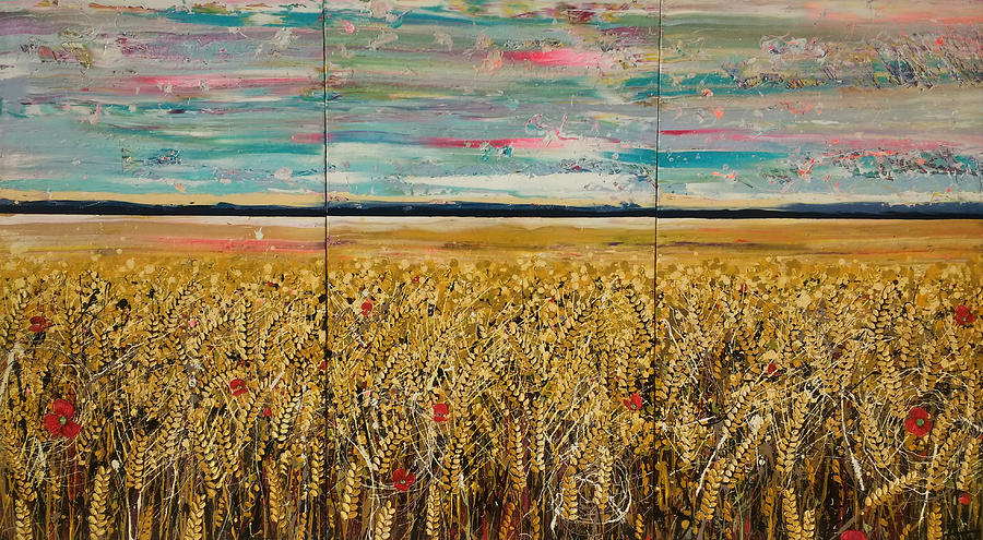 Golden Wheat Fields Triptych Painting by Angie Wright