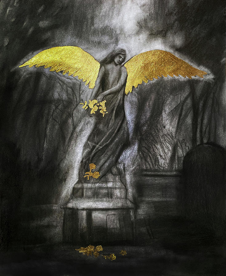 Angels Drawing - Golden Wings by Nadija Armusik