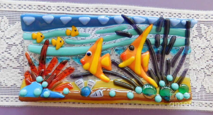 Golden-Yellow Angel Fish Tray Glass Art by Joan Clear