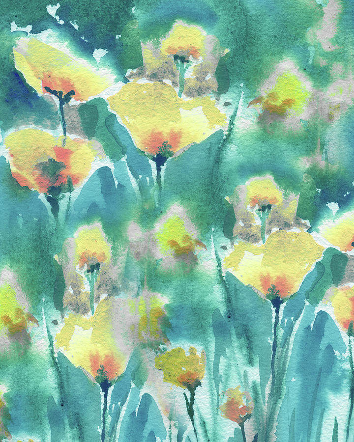 Golden Yellow Teal Blue Poppy Field Watercolor Flowers Contemporary