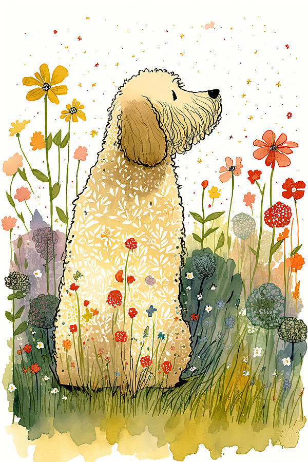 Goldendoodle in Flower Field Digital Art by Debbie Brown
