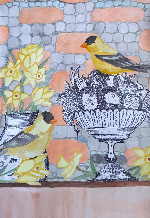 Goldfinch Birds, Daffodils And Fruit Bowl Mixed Media