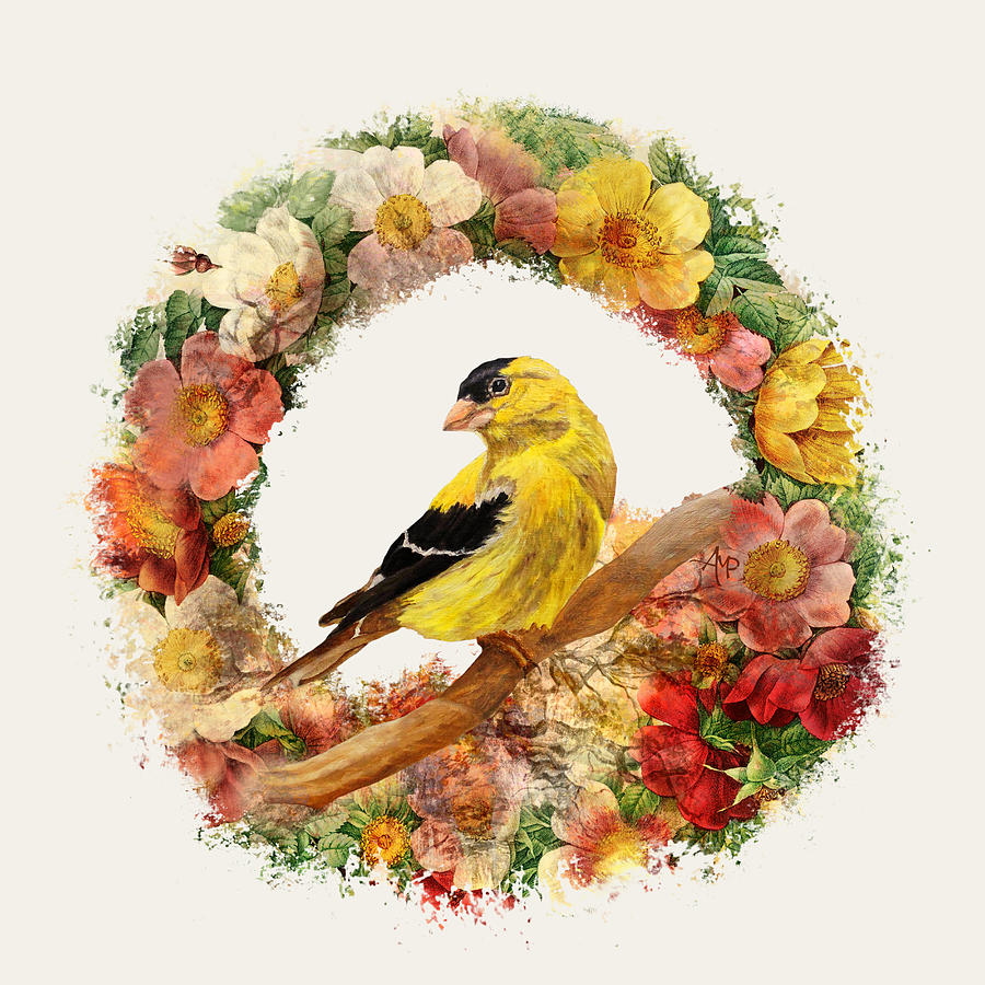 Finch Painting - Goldfinch In Flowers Garland by Angeles M Pomata