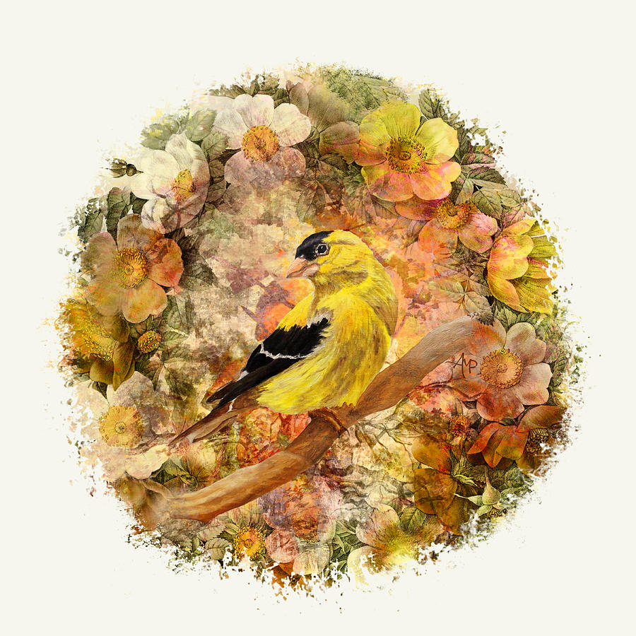 Goldfinch In Flowers Garland I Painting by Angeles M Pomata