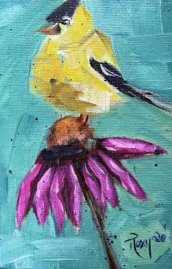 Goldfinch on a Coneflower Painting by Roxy Rich
