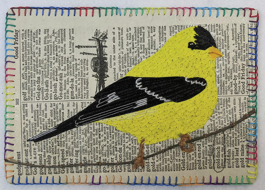Bird Tapestry - Textile - Goldfinch on a Dictionary Page by Martha Ressler