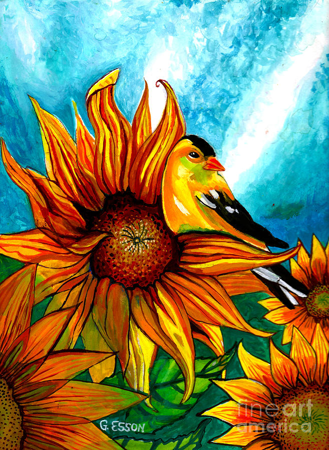 Nature Painting - Goldfinch With Sunflowers by Genevieve Esson
