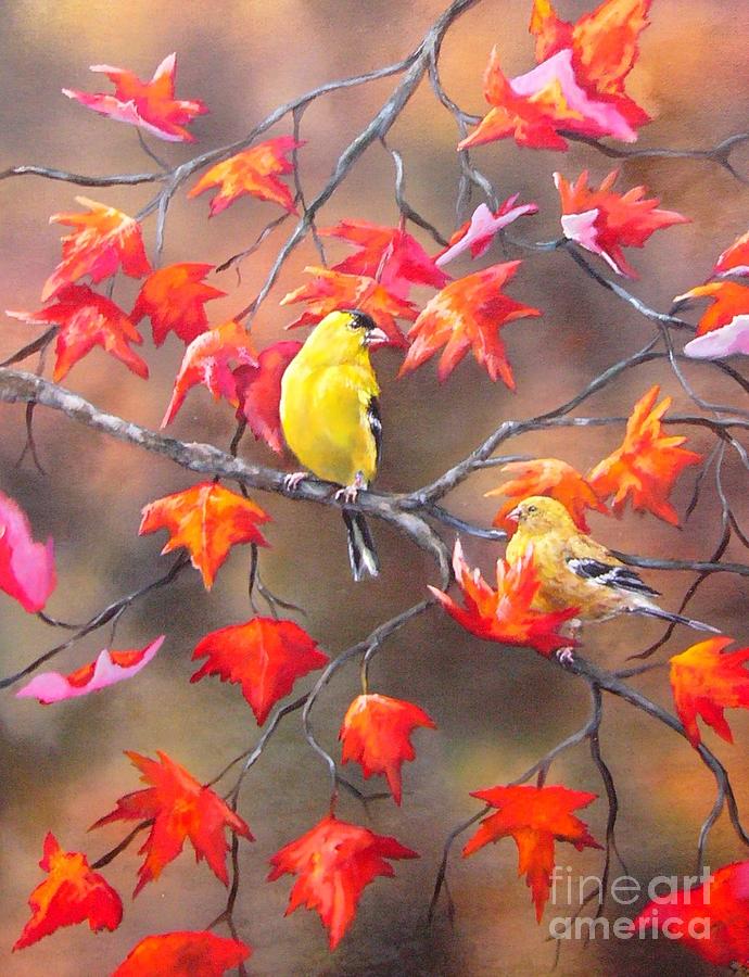 Goldfinches in Fall Painting by Sarah Davis Goldfinches in Fall Painting by Sarah Davis