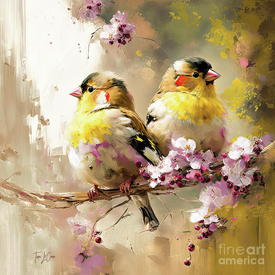 Goldfinches In The Blossoms Painting by Tina LeCour