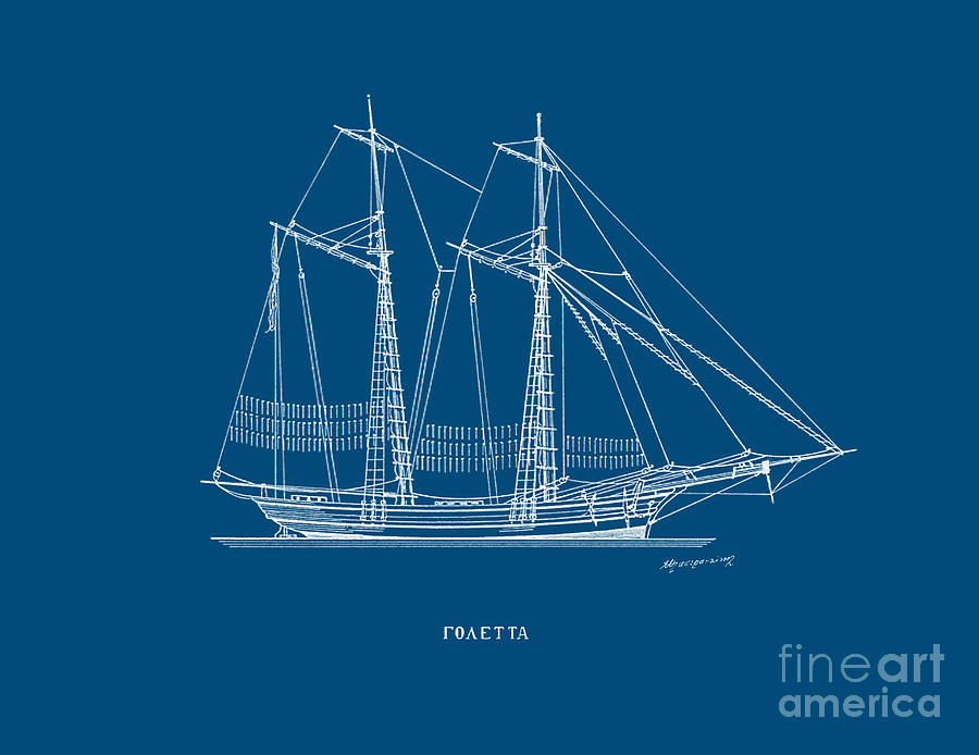 Goleta - traditional Greek sailing ship - blueprint Drawing by Panagiotis Mastrantonis