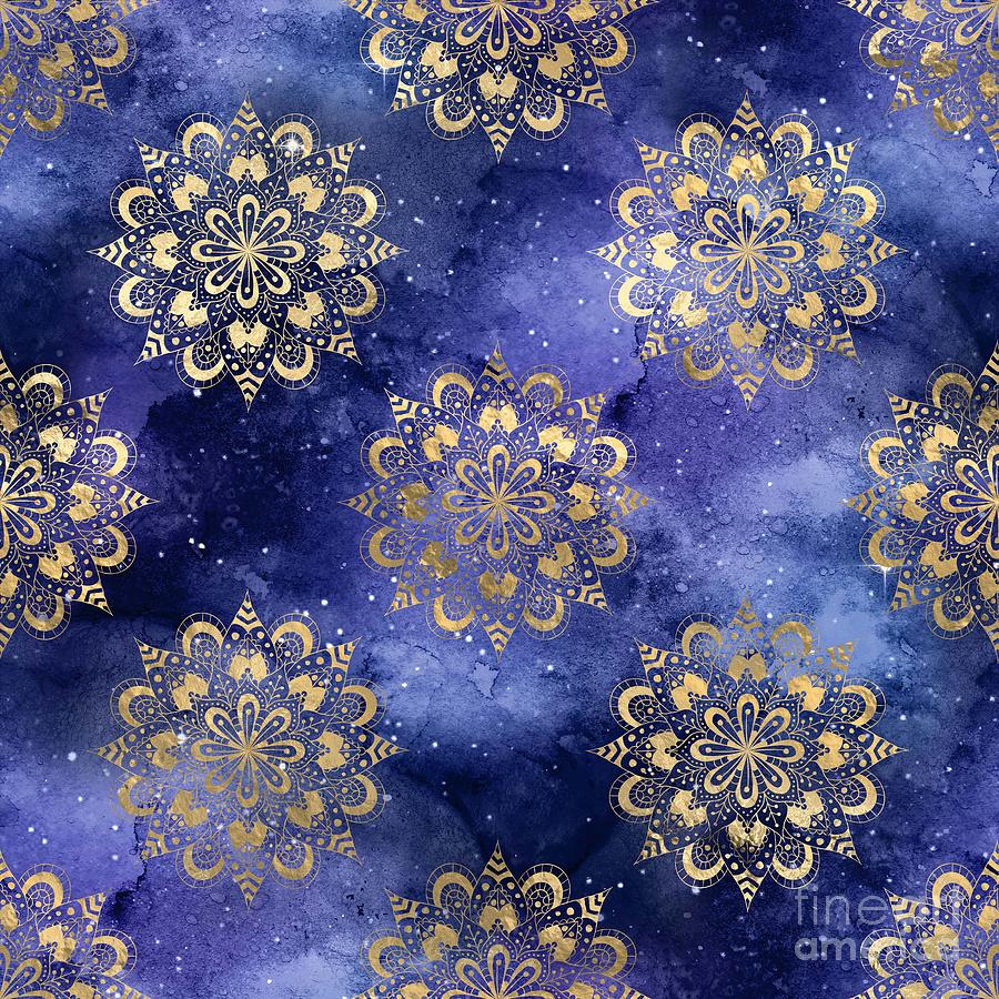 Goleva - Blue Gold Watercolor Mandala Galaxy Dharma Pattern Digital Art by Sambel Pedes