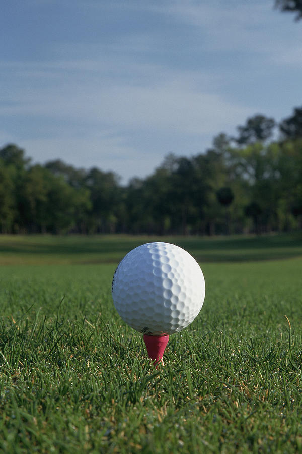 Golf ball on tee with fairway in background Photograph by Comstock