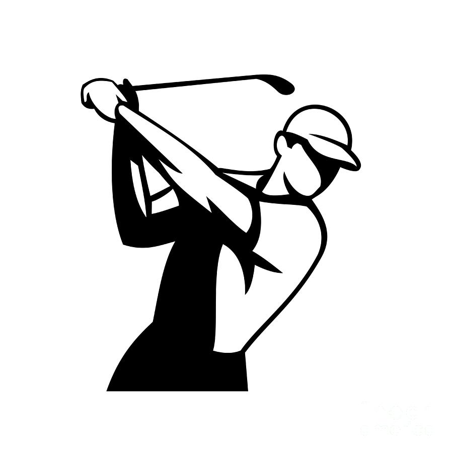 Golf Digital Art - Golfer Swinging Golf Club Front View Mascot Retro Black and White  by Aloysius Patrimonio