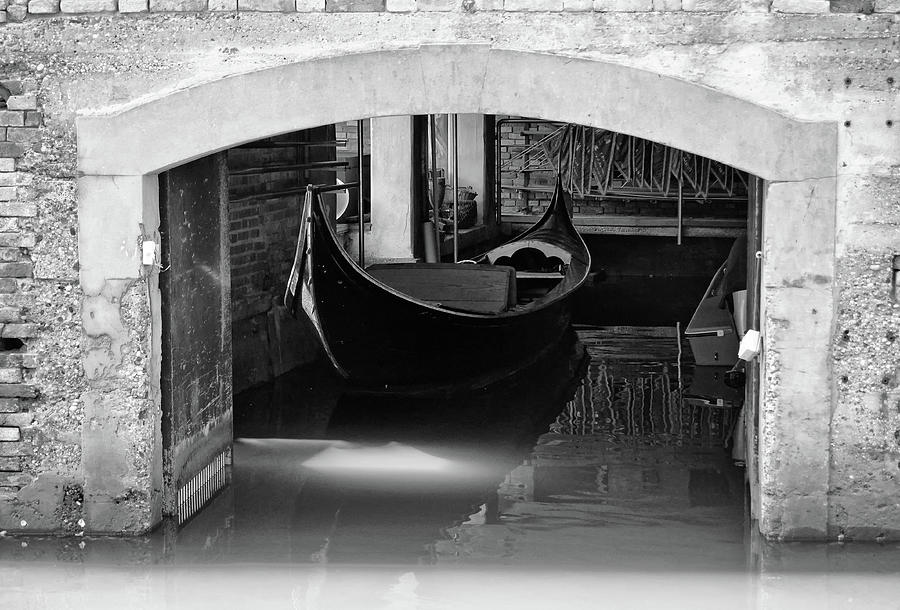 Gondola Garage on the Canals of Venice Italy Black and White Photograph by Shawn OBrien