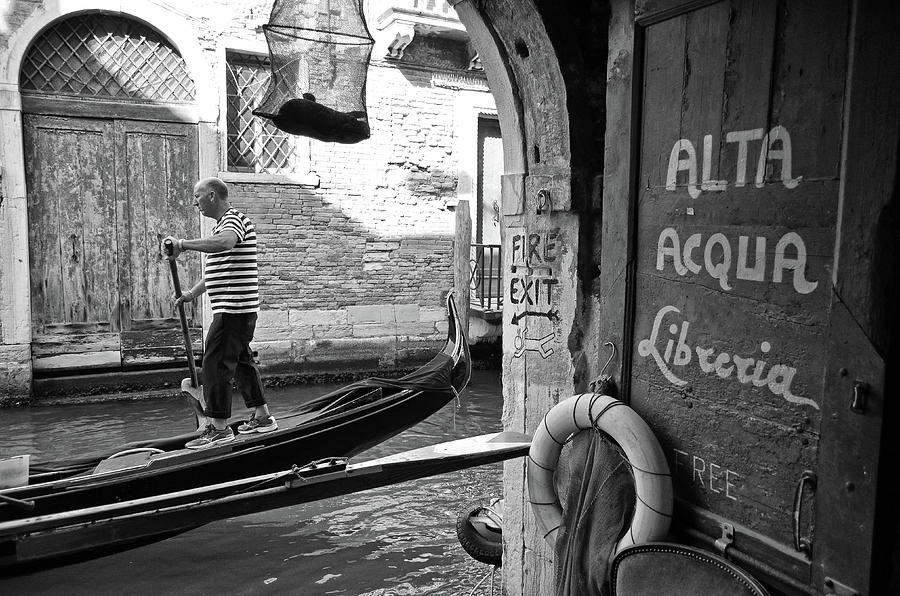 Gondola Passing by Alta Acqua in Venice Italy Black and White Photograph by Shawn OBrien