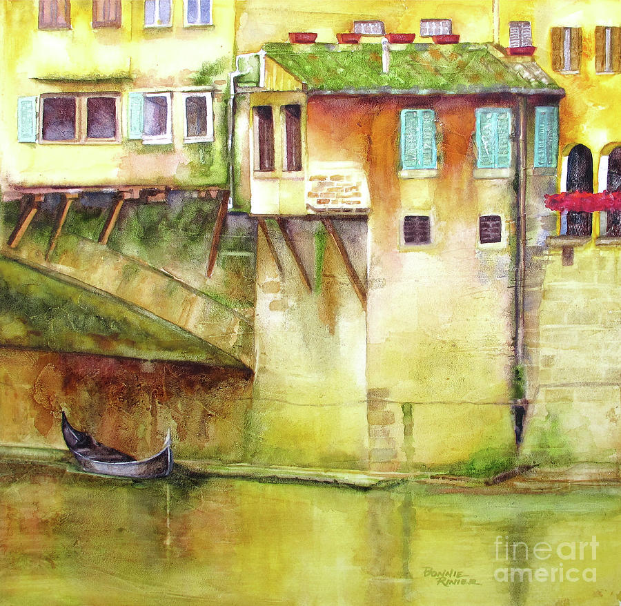 Gondola Under the Vecchio Bridge Painting by Bonnie Rinier