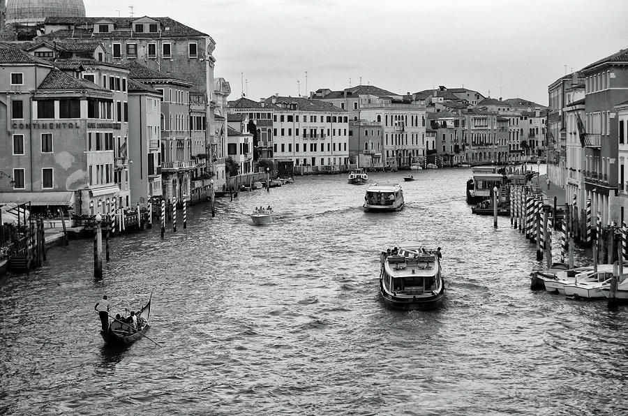 Gondolas and Vaporettos in the Early Evening on the Grand Canal Venice Italy Black and White Photograph by Shawn OBrien