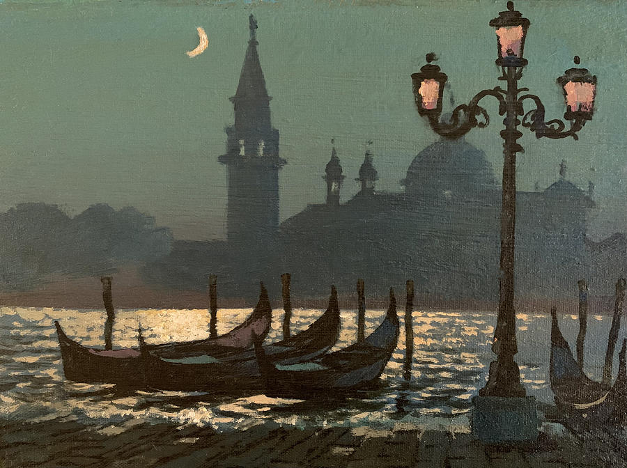 Gondolas by Moonlight Painting by Blue  Sky