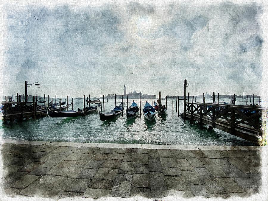 Gondolas Docked In Venice Photograph