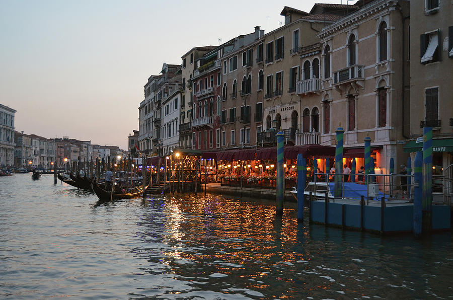 Gondolas Moored at an Evening Cafe Grand Canal Venice Italy Photograph by Shawn OBrien