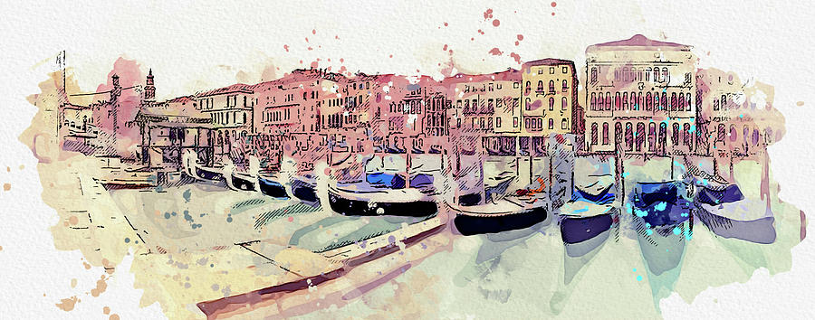 Gondolas on the Grand Canal in Venice, Italy, ca 2021 by Ahmet Asar, Asar Studios Painting by Celestial Images