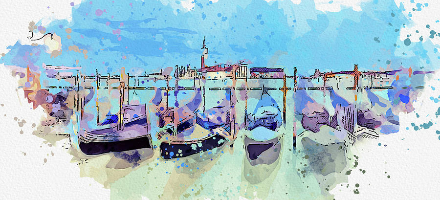 Gondolas, Venice, Italy, ca 2021 by Ahmet Asar, Asar Studios Painting by Celestial Images
