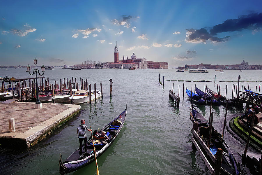 Gondolas with San Giorgio Maggiore Photograph by Steve Estvanik