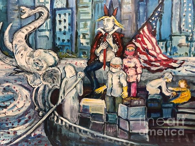 George Washington Painting - Good -Bye to the Elephant in the Room -nod to- after Washington crosses the Delaware River  by Susan Brown    Slizys art signature name