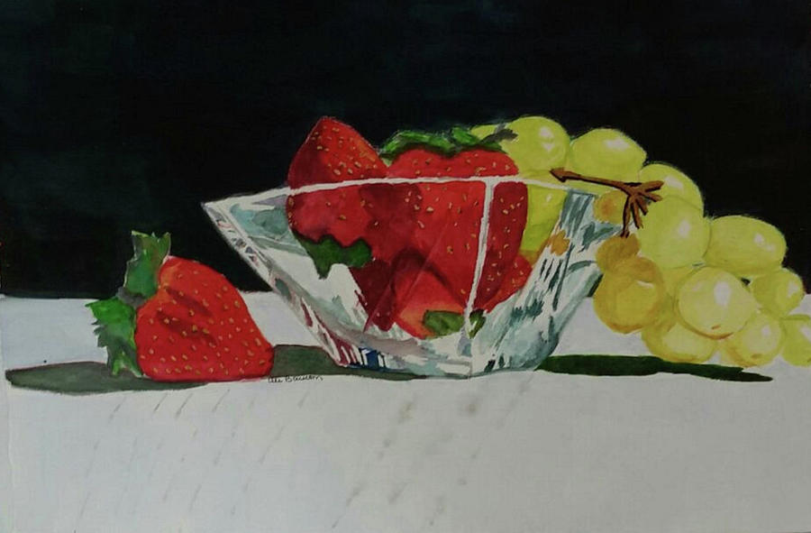 Good Enough To Eat Watercolor Painting of a Still Life of Strawberries and Grapes in a Glass Bowl Painting by Ali Baucom