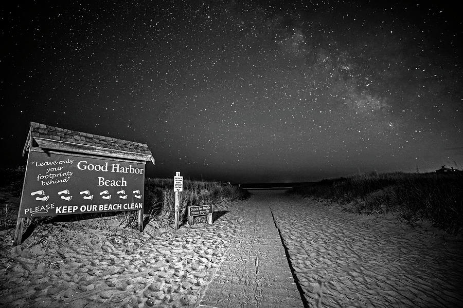 Good Harbor Beach Sign Under the Stars and Milky Way Black and White Photograph by Toby McGuire