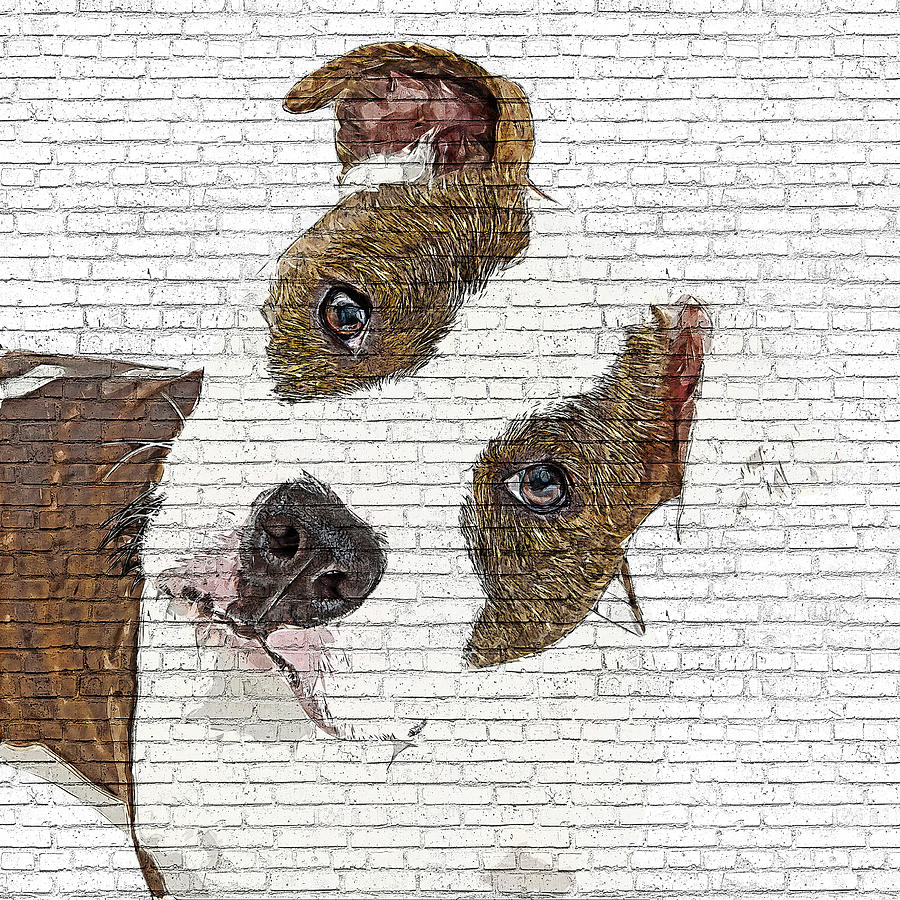 Good Looking Dog, American Staffordshire Terrier Dog - Brick Block Background Painting by Custom Pet Portrait Art Studio