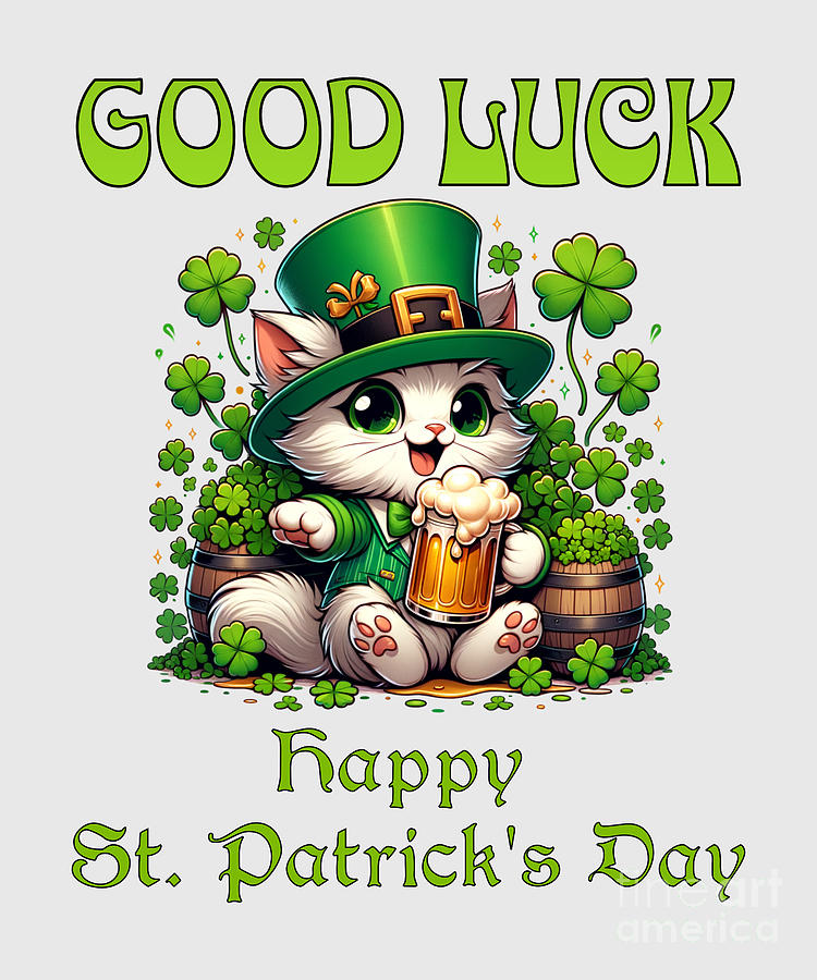 Good Luck Happy St Patricks Day Beer Drinking Leprechaun Cat Digital Art by Peter Ogden Gallery