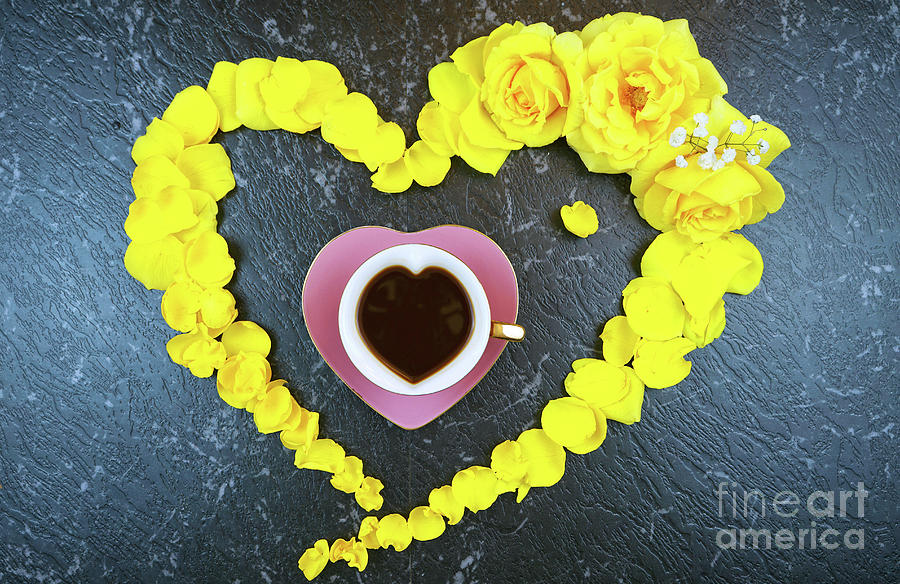 Good morning concept with coffee cup in heart shaped fresh yellow roses. Photograph by Milleflore Images