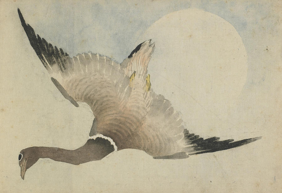 Goose Flying In Front Of The Moon Painting By Katsushika Hokusai - Fine 