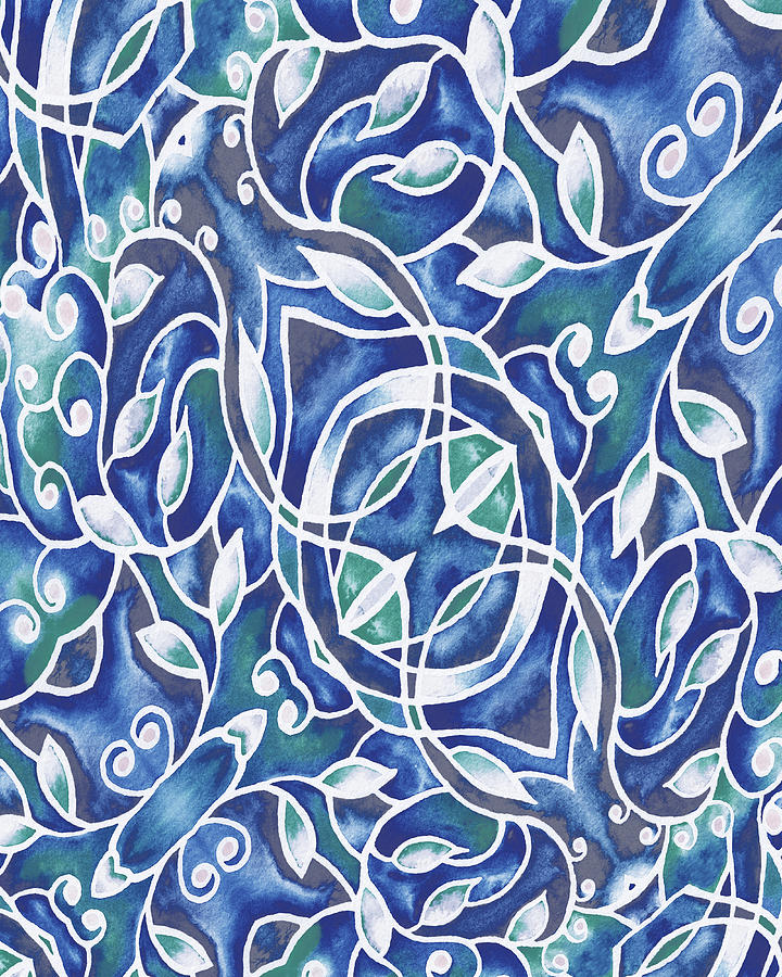 Gorgeous And Organic Foliage Batik Style Blue Watercolor  Painting by Irina Sztukowski