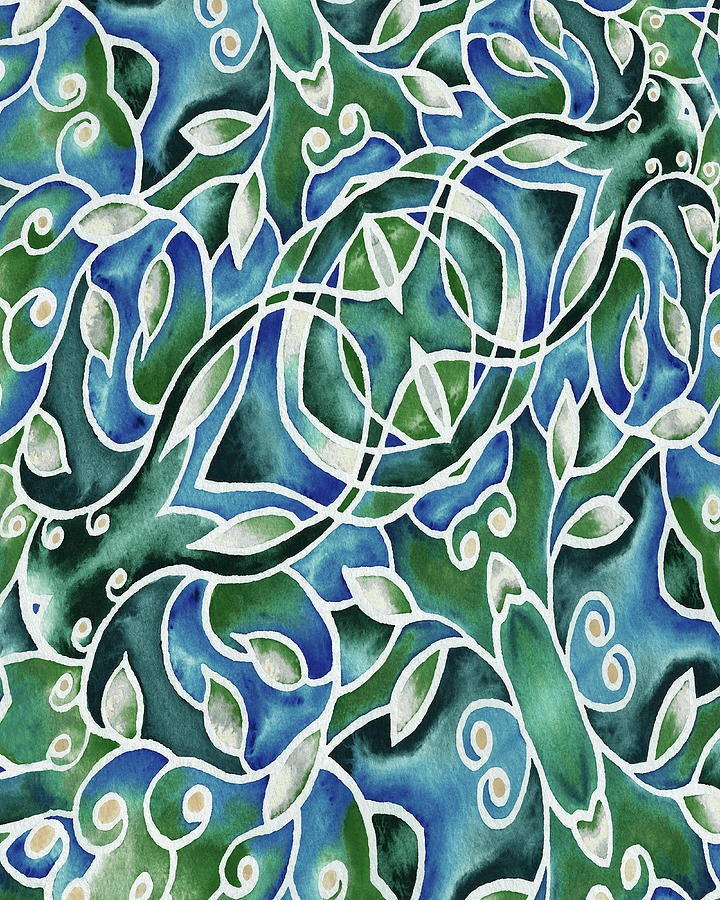 Gorgeous And Organic Foliage Teal Blue Green Batik Style Watercolor Garden I Painting by Irina Sztukowski