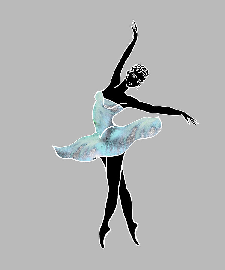 Gorgeous Black Ballerina In Teal Pearl Dress Watercolor Ballet Silhouette Painting