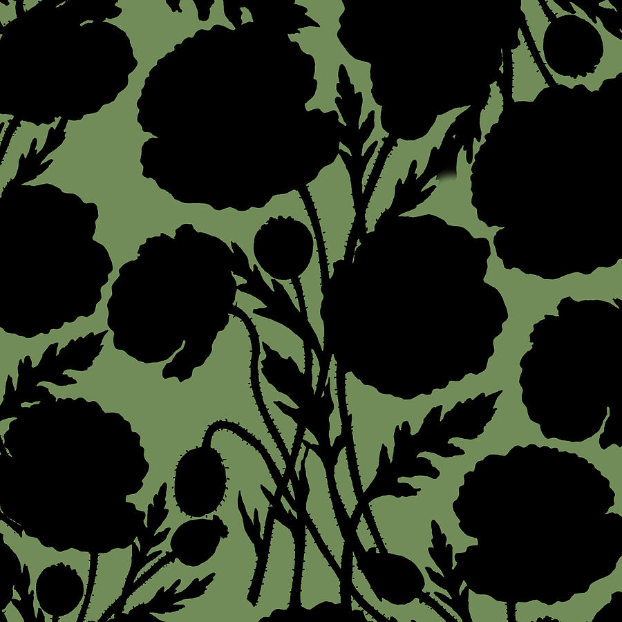 Gorgeous Black Ink Poppies On Vintage Retro Green Botanical Pattern Flowers Painting