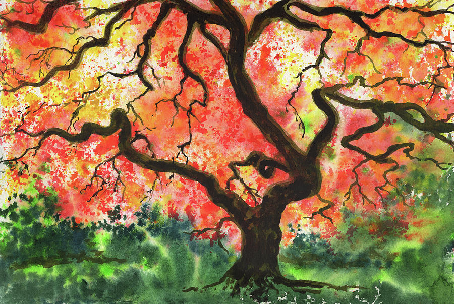 Gorgeous Fall Maple Tree In Autumn Park Watercolor Landscape  Painting by Irina Sztukowski