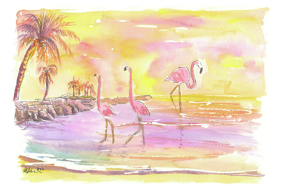 Flamingo Painting - Gorgeous Flamingo Beach Aruba at Sunset by M Bleichner