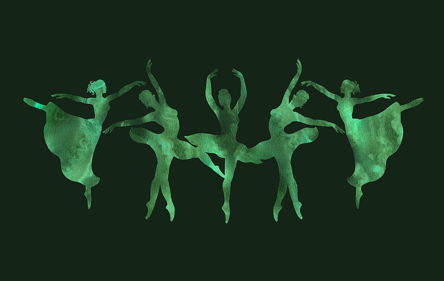 Gorgeous Move Of Emerald Green Watercolor Ballerinas Silhouette Painting