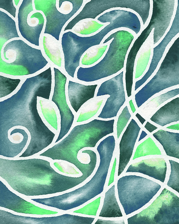 Gorgeous Organic Whimsical Foliage Teal Blue Green Batik Watercolor Garden I Painting by Irina Sztukowski