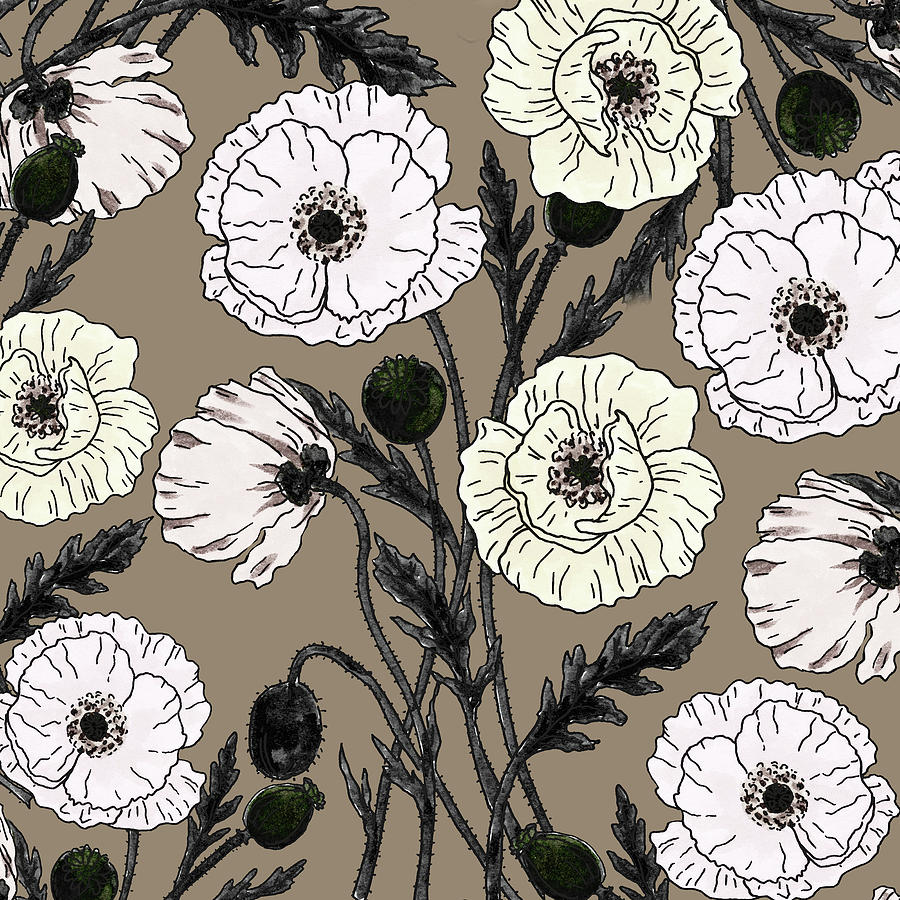 Gorgeous Poppies Vintage Retro Pattern Botanical Flowers Pattern Watercolor Ink I Painting