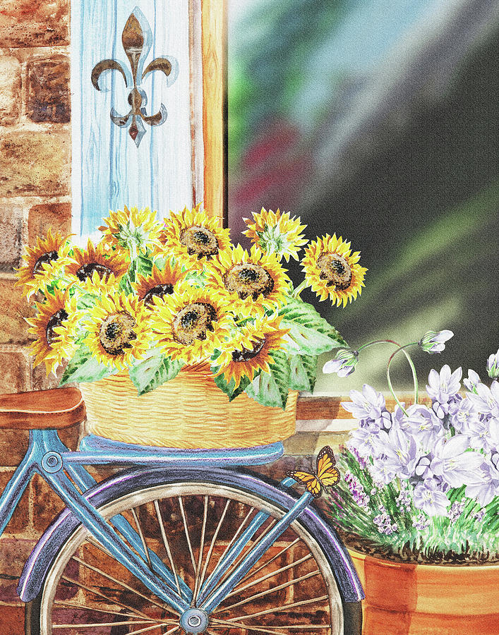 Gorgeous Sunflowers In The Basket Of Bicycle  Painting by Irina Sztukowski