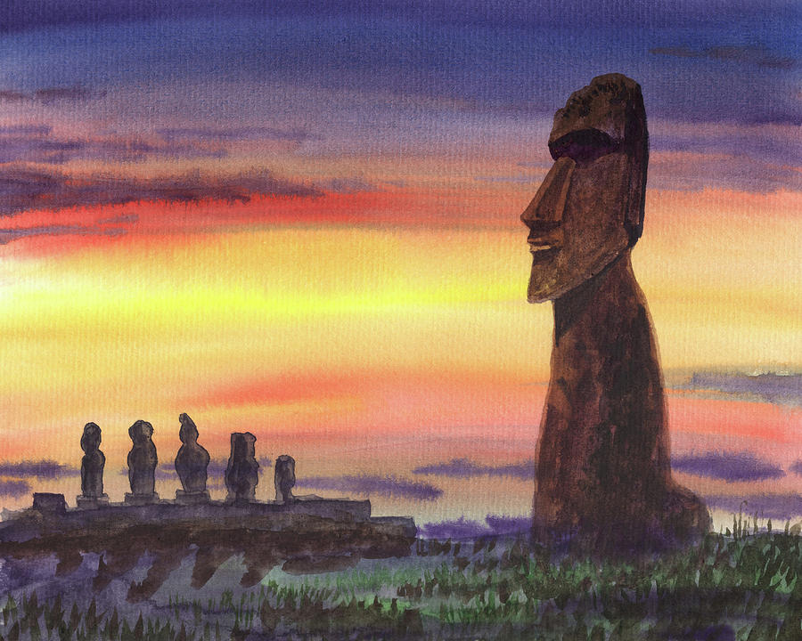 Gorgeous Sunset With Magical Statues Of Easter Island Chile Watercolor Painting by Irina Sztukowski