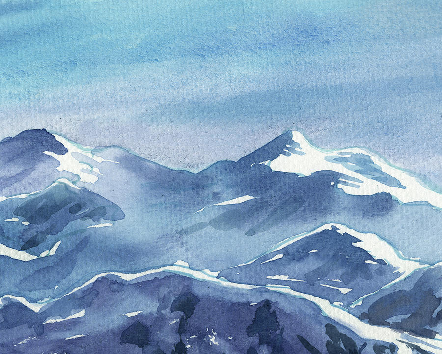 Gorgeous Teal Blue Mountains Watercolor Mountain Range Landscape  Painting by Irina Sztukowski