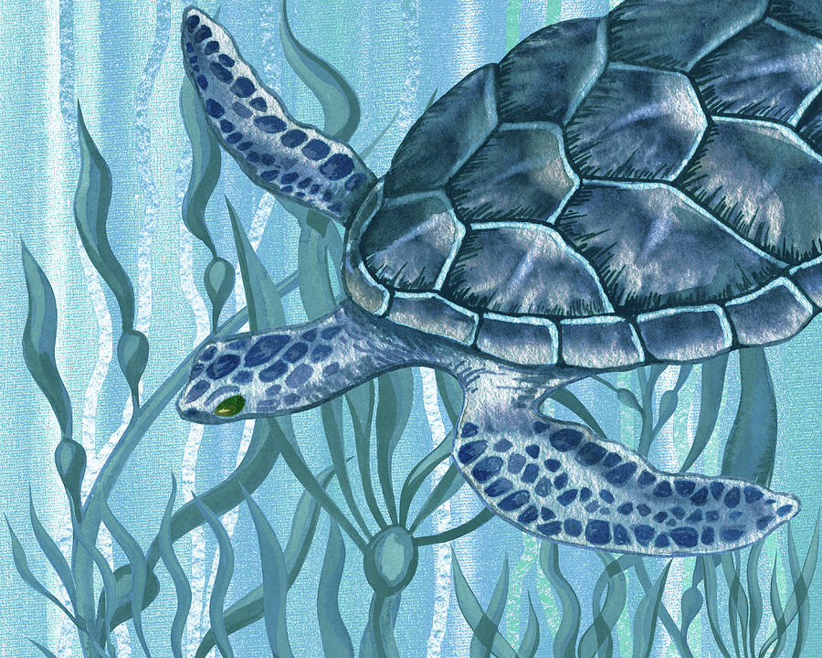 Gorgeous Turquoise And Blue Turtle With Seaweed Ocean  Painting by Irina Sztukowski