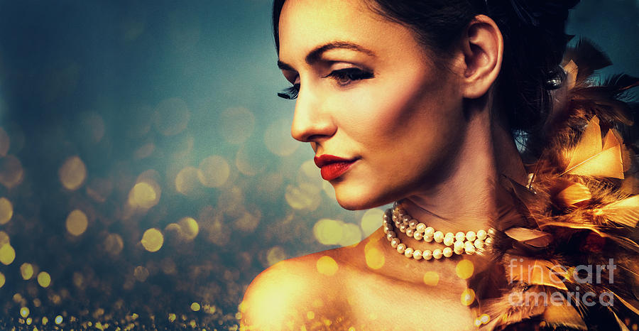 Gorgeous woman with luxury golden makeup on bokeh light glowing  Photograph by Jelena Jovanovic