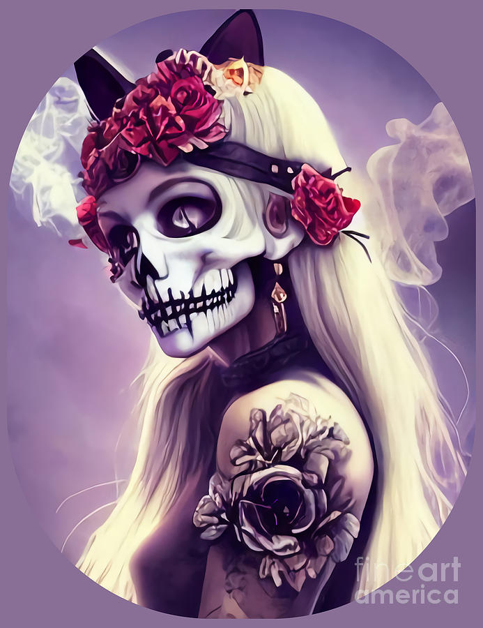 Gorgeous Woman Zombie Skeleton In Purple Smoke Digital Art